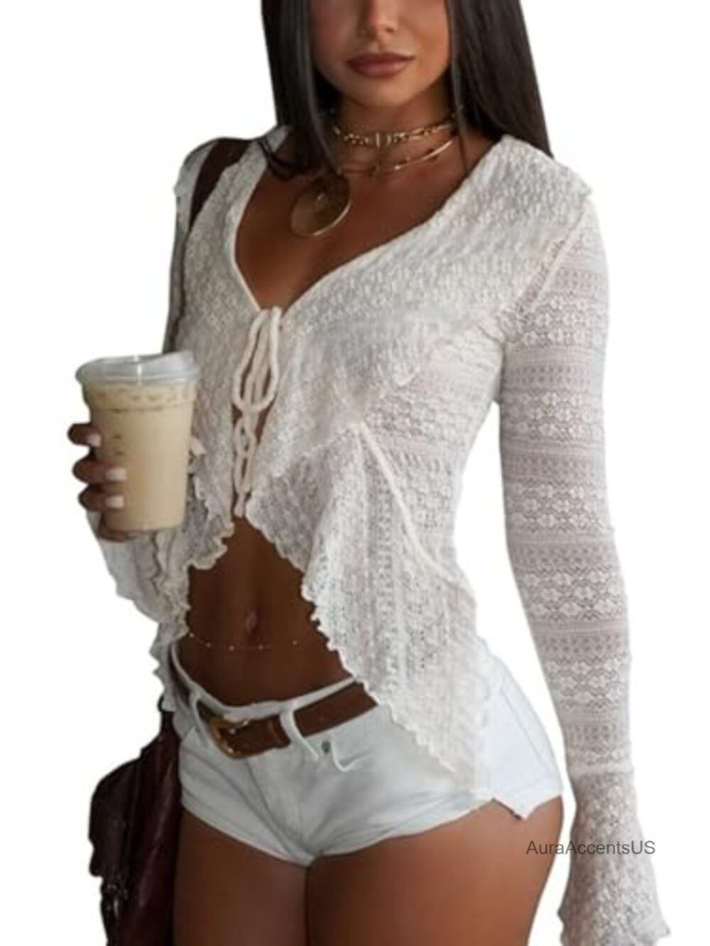 Sheer Lace Bell Sleeve Cardigan - Y2K Tie Front Womens Cover Up
